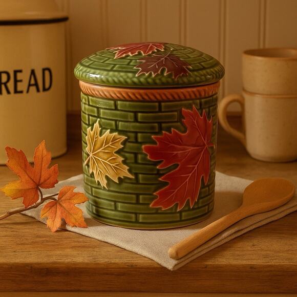 Vintage Majolica-Style Leaf Canister Jar Green Basketweave Autumn Motif 6.5” - Picture 1 of 5